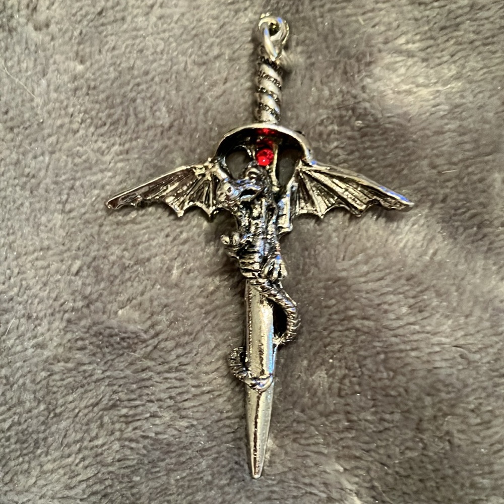 VTG Dragon Wrapped Sword Pendant Signed JPI 2002 Silver Plated w/Red Stone